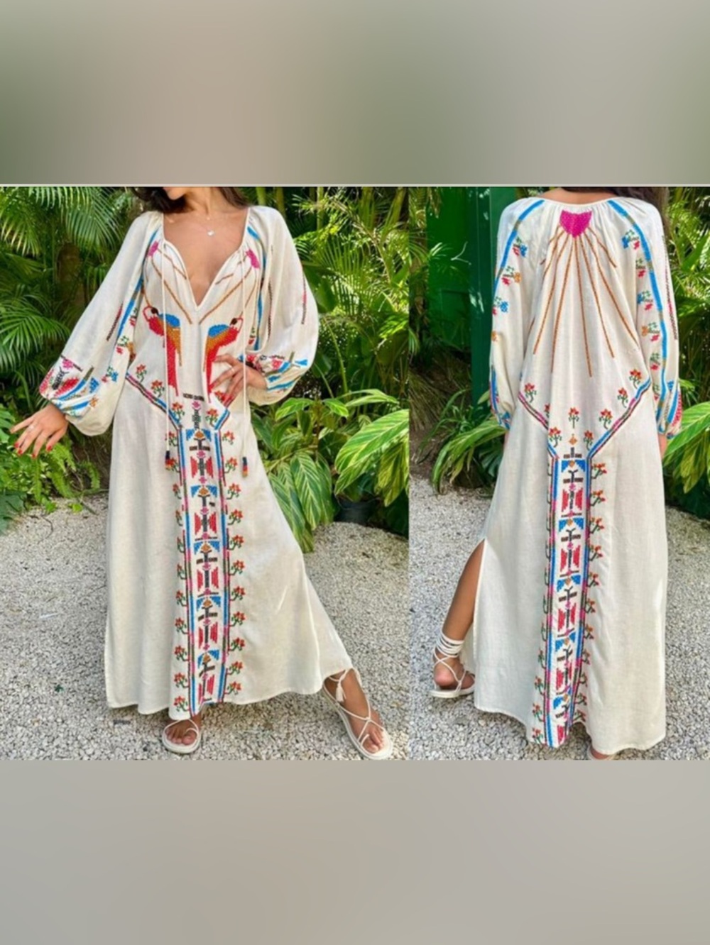 FARM Rio Cream Maxi Dress with Hand  Embroidery